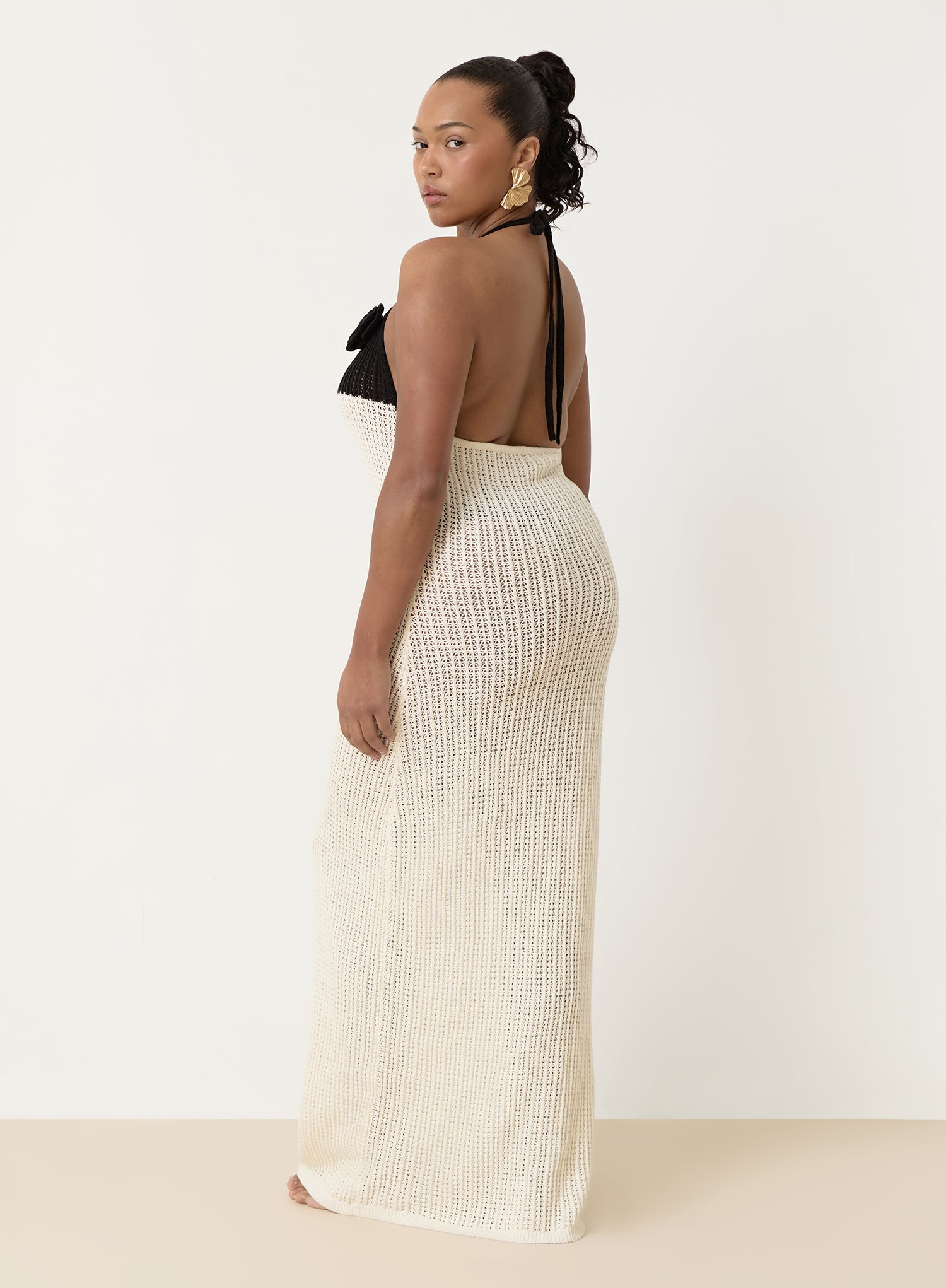 Cream And Black Knit Corsage Maxi Dress
